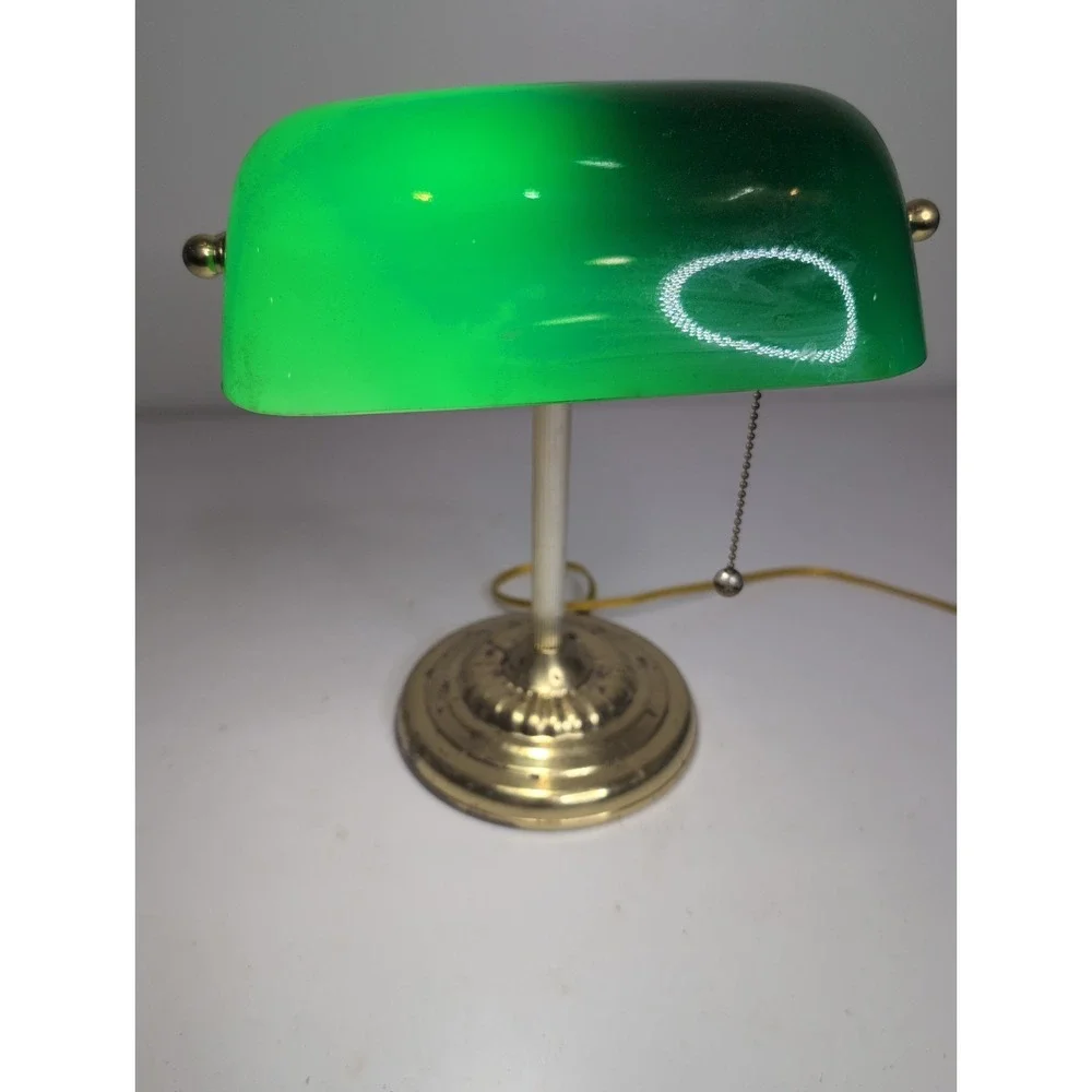 Vintage Brass Bankers Desk Lamp Green Glass Pull Chain